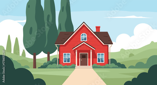 A charming red house with white trim sits on a green hill under a blue sky.