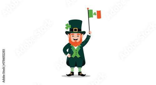 A smiling leprechaun in a green suit and hat holds up an Irish flag with a shamrock detail.