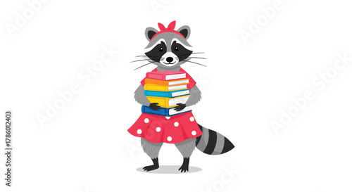 Cute cartoon raccoon wearing a red polka dot dress and headband holds a stack of colorful books.