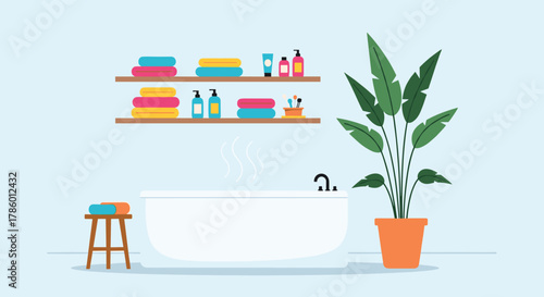 Cozy bathroom with a bathtub, shelves of towels and toiletries, and a potted plant.