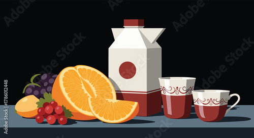 Still life with orange juice, fruit, and cups on a table.