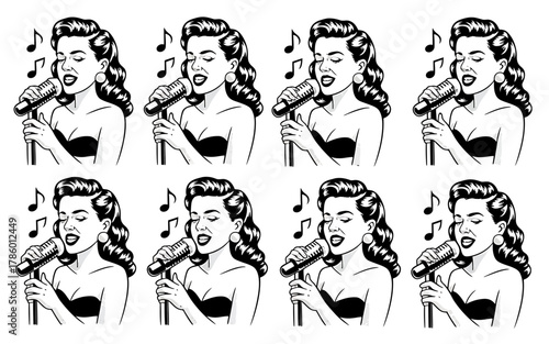 Vintage pop art singer performing with microphone and musical notes