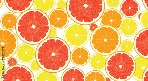 Seamless pattern of vibrant citrus fruit slices including grapefruits and oranges on a white background.