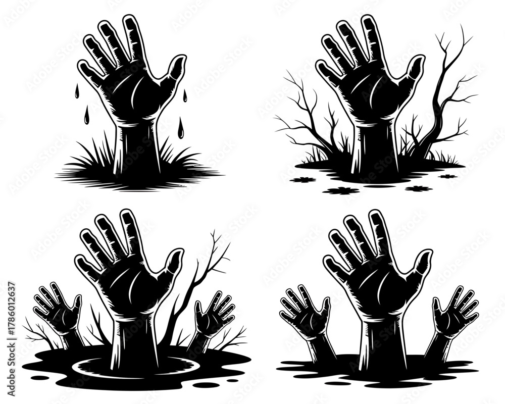 Obraz premium Zombie hands rising from the ground in different scary scenes