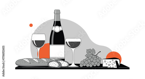 An elegant illustration of classic French picnic essentials including sparkling wine, red wine glasses, fresh baguette, grapes, and cheese, set against a modern abstract background.