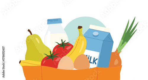 A vibrant illustration of a brown shopping bag overflowing with a variety of fresh produce, dairy, and eggs, symbolizing a healthy and balanced diet.
