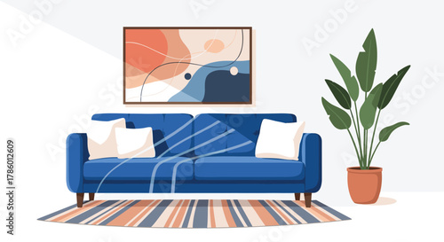 Modern and inviting living room interior design with a comfortable blue sofa, soft white pillows, a colorful abstract wall art, and a vibrant green potted plant.