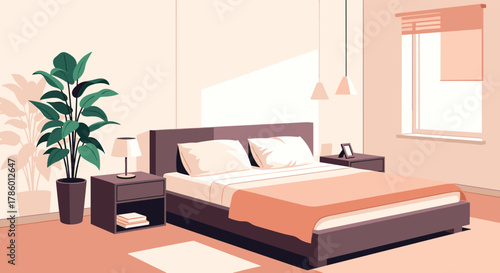 A tranquil modern bedroom interior, bathed in soft morning light, featuring a comfortable double bed, two minimalist nightstands, a vibrant potted plant, and a large window.