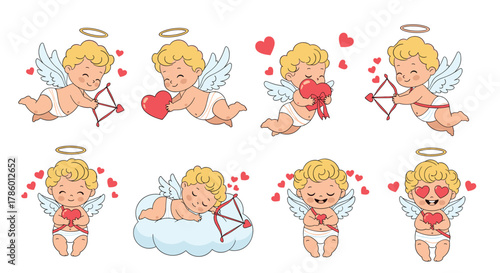 Charming collection of angelic cupid characters depicted in diverse romantic poses, featuring hearts, bows, and arrows, ideal for Valentine's Day and love themes.