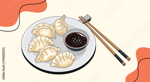 A plate of savory dumplings, gyoza or potstickers, with dark dipping sauce and wooden chopsticks, on a cream background featuring abstract coral shapes.