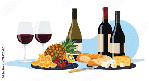 An inviting display of red wine glasses, assorted wine bottles, fresh fruits, crusty bread, and various cheeses, perfect for a gourmet tasting or picnic.