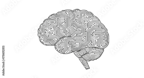 Stylized illustration of a human brain rendered as a complex electronic circuit board with intricate pathways and connections