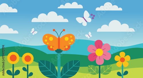 Vibrant spring illustration colorful flowers, playful butterflies, green hills, and a blue sky with clouds. A cheerful nature scene