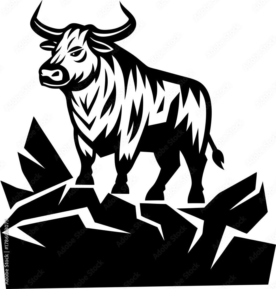 Fototapeta premium Powerful wild bull standing on rocky cliff, aggressive animal silhouette, strength and determination concept