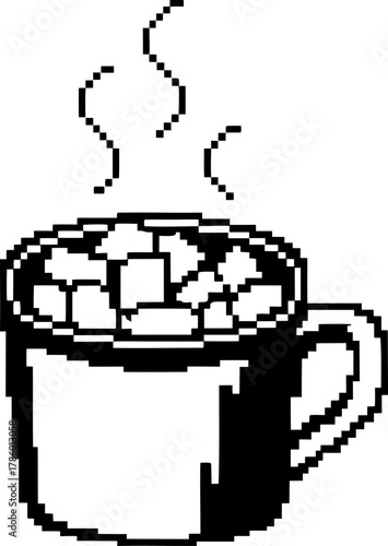Hot pixel art mug filled with marshmallows and steaming cocoa, minimalist black and white retro digital illustration