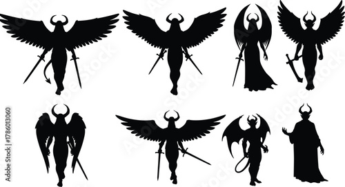 Dark demon silhouette, winged creature vector, fantasy evil character, horned fallen angel, mythological monster, black gothic illustration, cad drawing flat vector illustration
