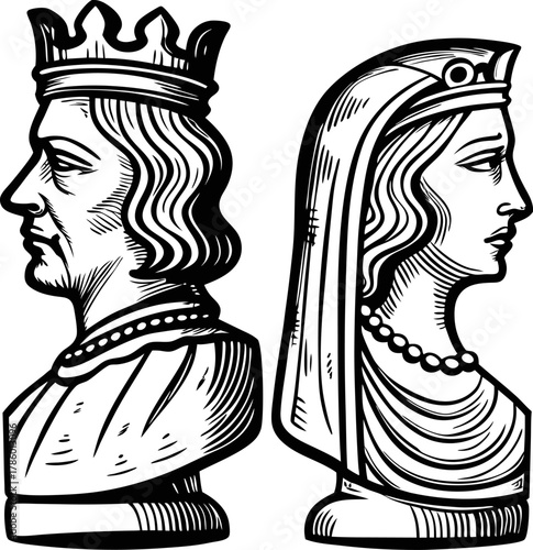 Medieval king and queen portraits in vintage engraving style, royal couple side profile, crown, pearls, illustration