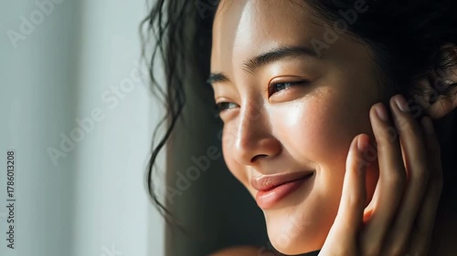 目を閉じて頬に触れる女性のポートレート。 美容｜スキンケア 美肌 エイジングケア リラックス ポートレート