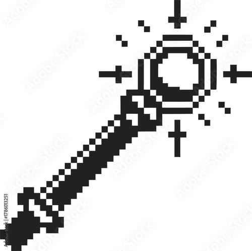 Pixel magic wand illustration with sparkling light effects retro 8 bit fantasy artifact design for games and icons