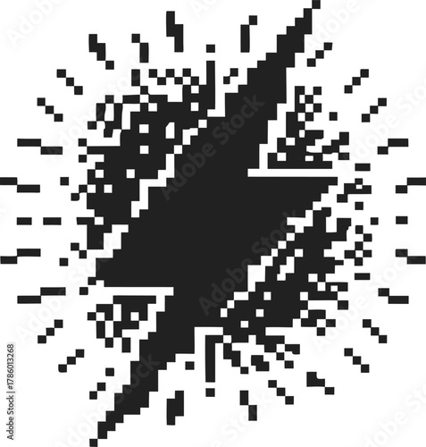 Pixelated black lightning bolt with dynamic rays, isolated on white retro 8 bit energy symbol, digital electricity icon