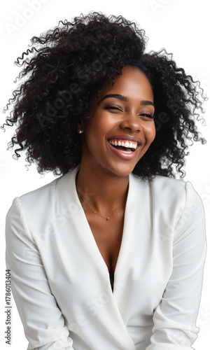 Black Woman Laughing Curly Hair joyful young professional woman in white blazer smiling broadly on white background