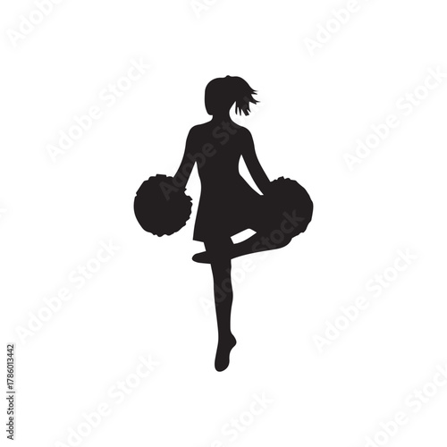 Silhouette of a cheerleader in mid-air performing a cheerleading routine with pom-poms.