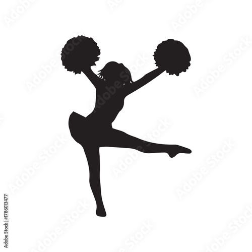 Silhouette of a cheerleader performing a dance routine with pom-poms, leg extended, against a white background.
