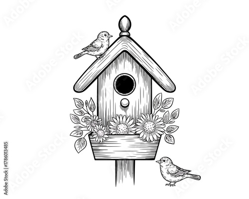 Charming birdhouse with flowers and two birds in sketch style