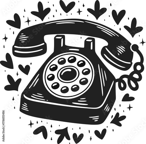 Retro rotary dial telephone surrounded by hand drawn hearts vintage communication, romantic nostalgia, love and connection concept