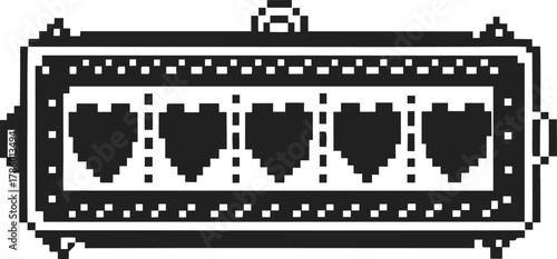 Pixelated health bar indicator with five hearts, retro 8 bit game design, vintage health status user interface element