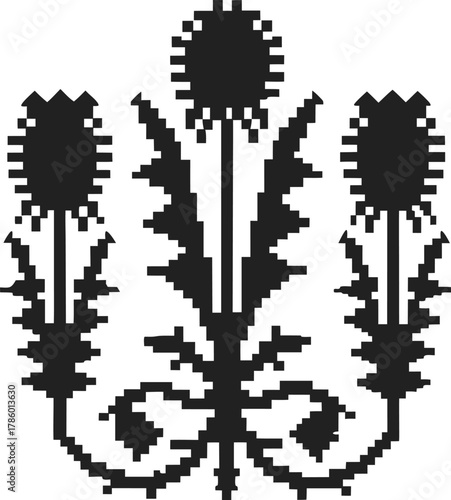 Pixel art floral pattern, black thistle silhouette retro botanical digital motif, abstract geometric wild flower design