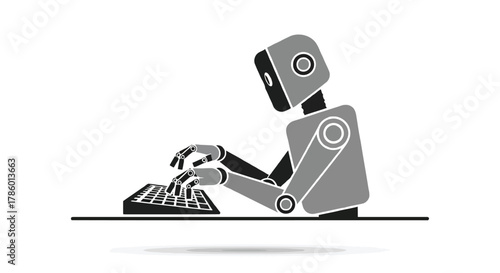 A minimalist robot character is shown typing on a keyboard with its mechanical hands on a white background