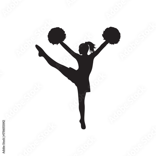 Silhouette of a cheerleader performing a split with pom-poms raised overhead against a white background.