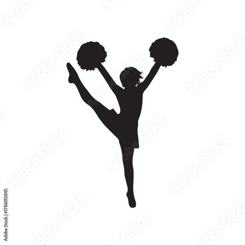 Silhouette of a cheerleader performing a split with pom-poms raised above her head against a white background.