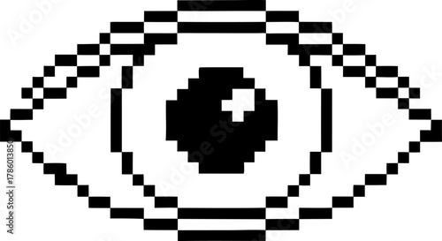 Pixel art eye icon, black and white digital illustration retro minimal symbol, simple graphic design, visual technology concept