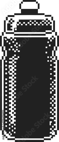 Pixel art black sports water bottle isolated on white minimalist fitness hydration container, retro design, gym accessory