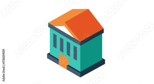 Isometric building icon with orange roof and teal walls.