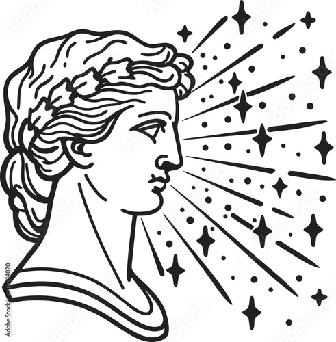 Classical statue head with laurel wreath, facing radiant sparkling stars ancient art line drawing, inspiration, enlightenment