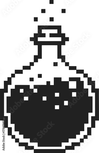 Pixel art potion bottle with bubbling liquid retro black and white game icon, fantasy magic elixir symbol, minimalist vintage