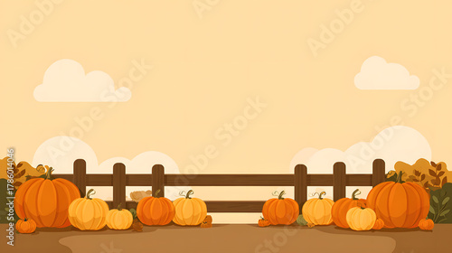 Colorful pumpkins rest by a rustic fence, showcasing the warmth of autumn under a gentle sky