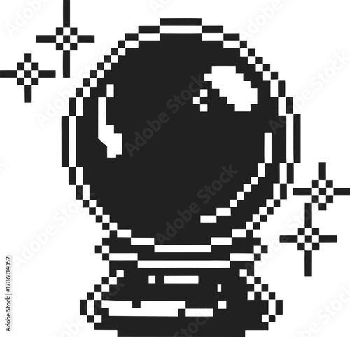 Crystal ball pixel art with glowing sparkles vintage fortune telling icon, retro black and white digital illustration for mysticism