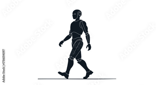 Silhouette of a humanoid robot walking forward on a white background with a clean minimalist design