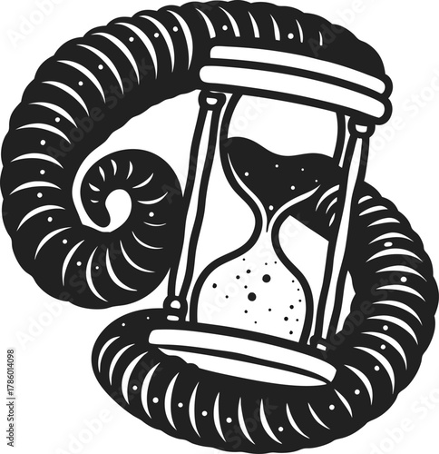 Hourglass inside ram horn time passage, patience, waiting concept with vintage curved lines, monochrome illustration
