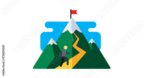 Mountain climbing journey towards a red flag goal.