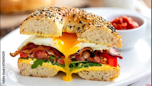 Delicious everything bagel sandwich with runny egg bacon and fresh ingredients