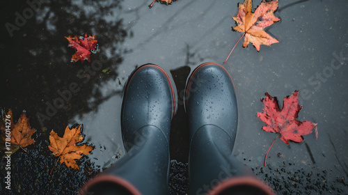 Rubber boots stand in a puddle surrounded by red and orange fallen leaves during a rainy autumn day