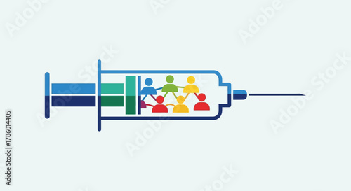 Syringe with diverse people inside, symbolizing community immunity and vaccination efforts.