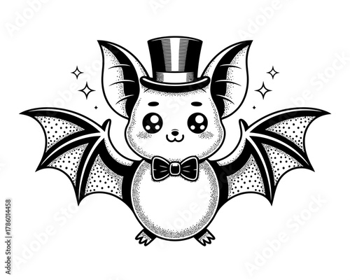 Cute kawaii bat wearing a top hat and bow tie