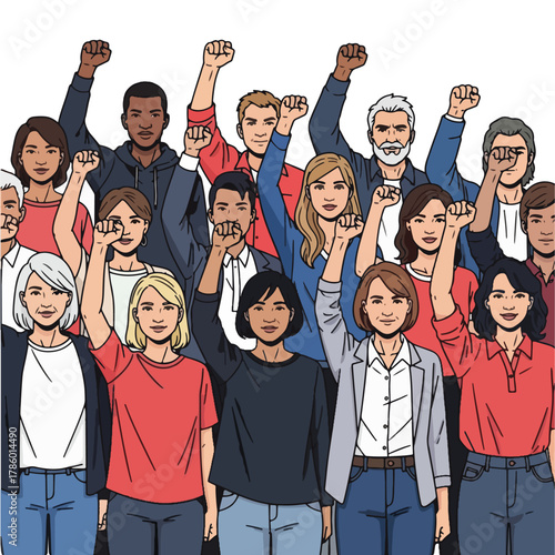 Diverse group of people raising their fists in the air, expressing solidarity, protest, or empowerment.