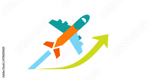 Airplane flying upwards, representing travel and growth.